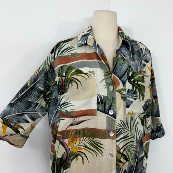 SHORE Linen-Blend Short Sleeve Top Button Down Shirt Tunic Coverup Floral XS - Picture 3 of 10
